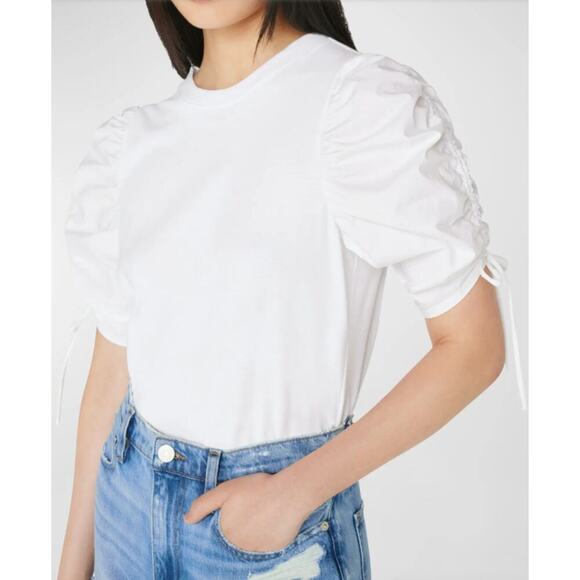 FRAME Ruched-Sleeve Tee Shirt White - Picture 6 of 7